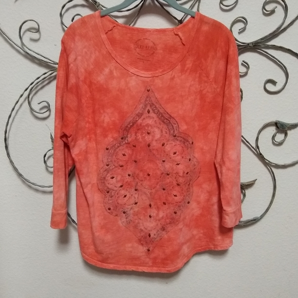 LUCKY BRAND orange graphic tee with grommets, L - Picture 1 of 14